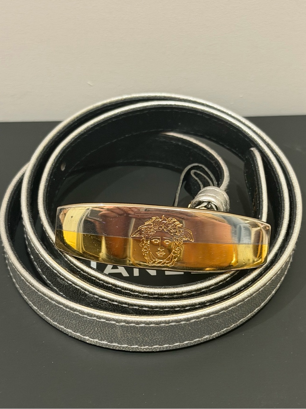 Versace Black Leather Wrap Belt with Amber Medusa Bar